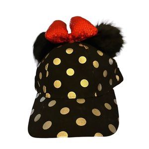 Disney Minnie Mouse Polka Dot Pom Pom Baseball Cap with Bow Black New